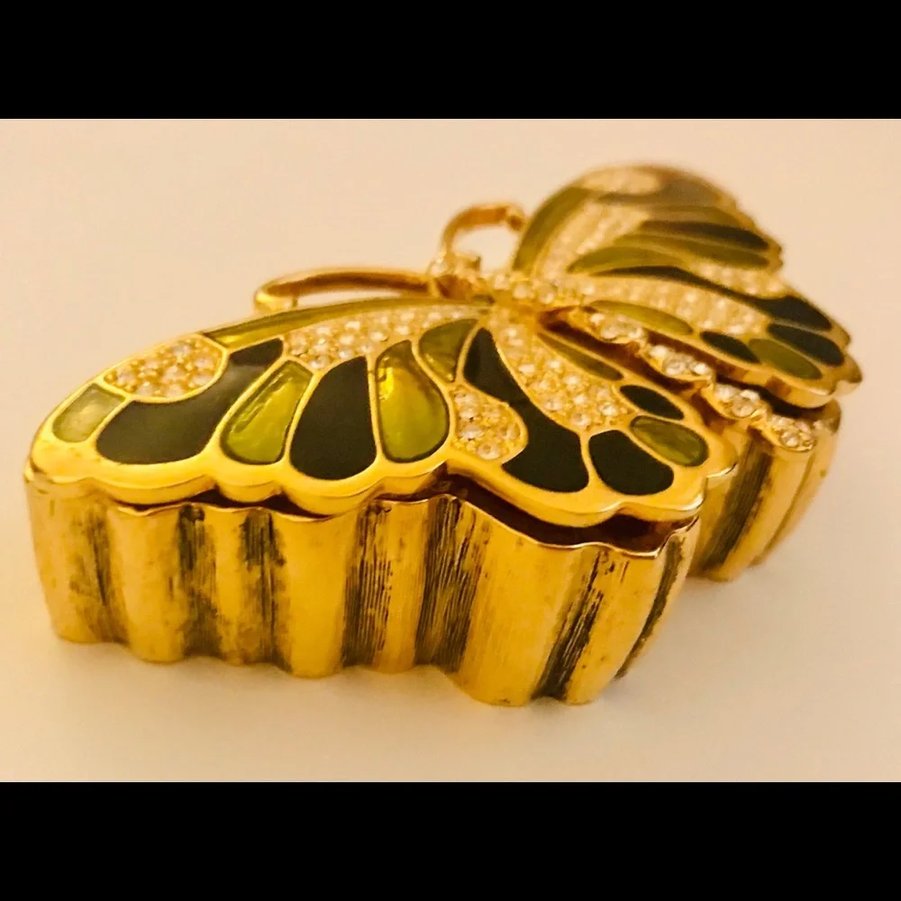 Kenneth Jay Lane Butterfly Pin and Box  Green Enamel Rhinestones made Thailand